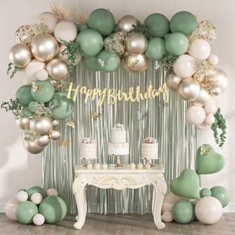 Sage Green Balloons Garland Arch Kit With Sand White Metallic Gold Latex Balloons And Happy Birthday Welcomebaby Banner , 1*2m Fringe Curtains For 13 16 18 21 30 40 Birthday Babyshower Party Decorations