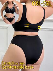 Plus Size Women Lace Patch Wireless Comfortable Lingerie Set - Black - View 2