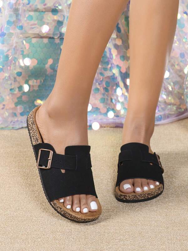 Women's Summer Open Toe Slip-On Sandals, Casual Comfortable Slides Suitable For Spring, Summer And Autumn, Featuring Soft Cork Sole, Adjustable Buckle Strap, Flat Design For Beach And Outdoor Relaxation