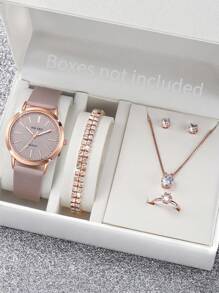 6pcs/Set Women Leather Belt & Quartz Wrist Watch With Etched Dial, Minimalist & Fashionable