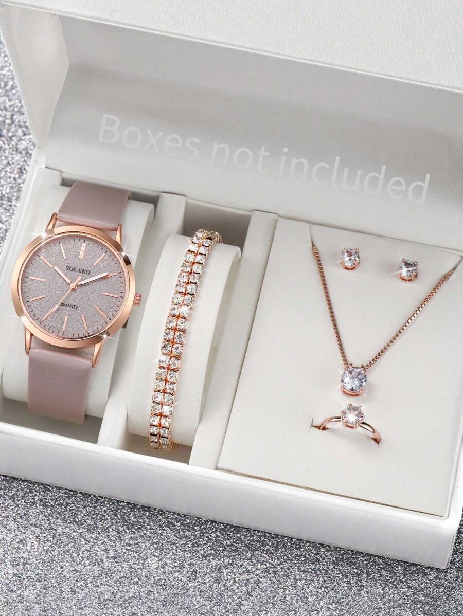 6pcs/Set Women Leather Belt & Quartz Wrist Watch With Etched Dial, Minimalist & Fashionable