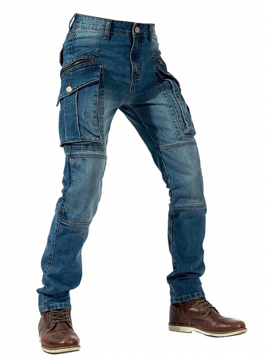 ESDVQ Elastic Slim-Fit Cargo Biker Jeans