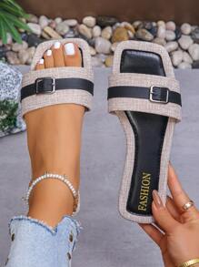 Women's Retro Square Toe Slip-On Sandals, Metallic Buckle Decor, Versatile For Spring/Summer, Fits EU Size, Plus Size