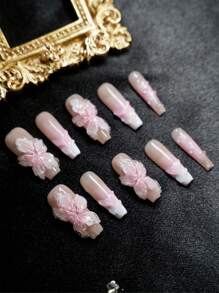 10Pcs Short Handmade Press On Nails For Party And Daily Wear, Flowers Designer Press-On Nails For Girls, Easy To Wear10Pcs Y2K Handmade Press On Nails, Shiny Artificial Gems, Spring And Summer Style, Suitable For Girls And Women Festivals Parties And Daily Wear(Note:The Color Of The Accessories Is Random) Nail Supplies Nails - Baby Pink - View 1