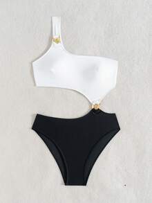 女士黑白单肩连体泳衣，适合夏季海滩度假 - 黑白 - 查看 2