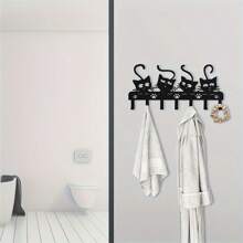 1 Stück Whimsycat schwarzer Eisen Wandhalter für Schlüssel mit 4 Katzen-Haken, Dekor im Art Déco-Stil mit Tiermotiv, ohne Strom, federlos, vielseitig einsetzbar für Wohnzimmer, Schlafzimmer, Büro