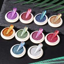 10 Types Of Holographic Nail Powder, Fine Rainbow Holographic Mermaid Gloss Metallic Mirror Pigment Glitter Powder, Suitable For Salon And Home Nail Art DIY Decoration, Round, Ideal For Nail Art, 1g/Jar - 彩色 - 查看 4