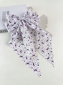 3pcs Women Star & Moon Print Simple Creative Personalized Hair Clips With Ribbons, Big Bowknot Barrette For Back Of Head, Suitable For