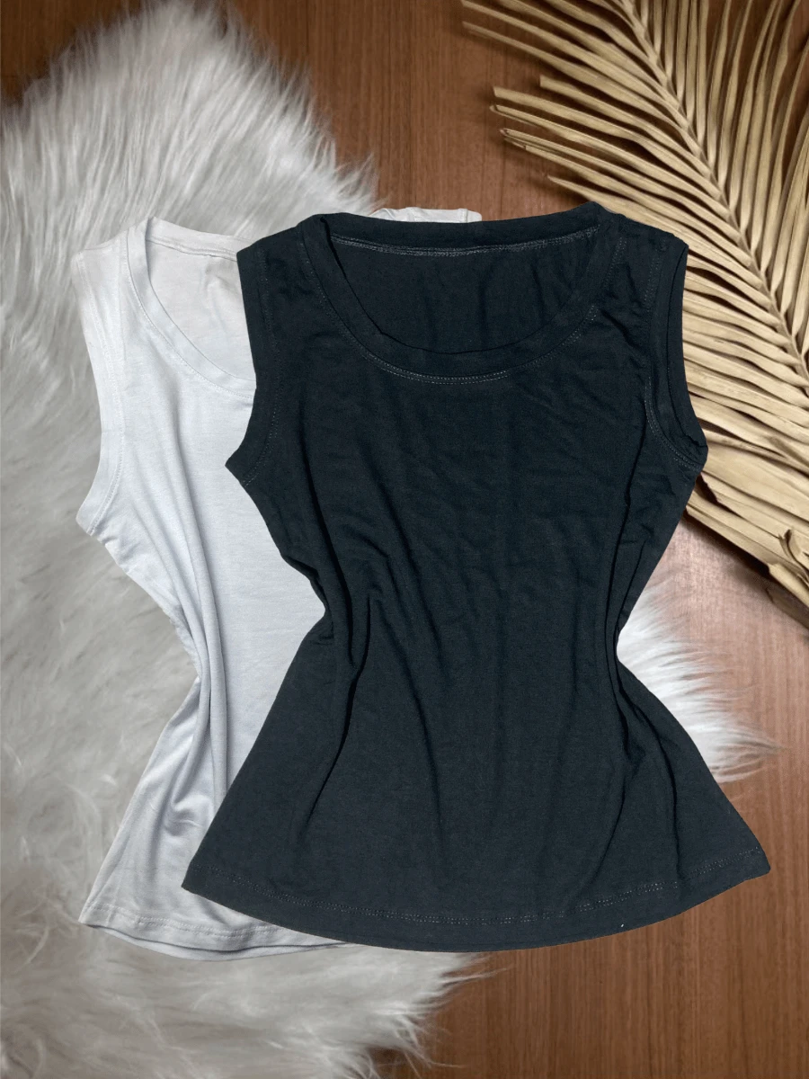 Kit With 2 Women's Tank Tops In Plain Vicolycra Mesh, Closed, Thick Straps On - Đen và Trắng - Xem 1
