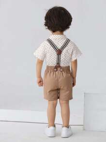 BOARNSEORL 2 件套年轻男孩绅士西装套装，短袖领衬衫配蝴蝶结和卡其色短裤配吊带，时尚帅气，适合生日派对、婚礼、花童装 - 卡其色 - 查看 10