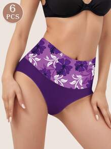 6 Pcs Elegant Floral High-Waisted Shapewear Panties, Comfortable Nylon Underwear With Medium Stretch, Breathable Knit Fabric - 彩色 - 查看 3