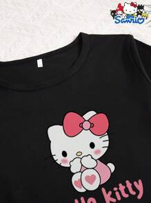 Sanrio 3 set pigiama da donna Hello Kitty Sanrio, composti da maglia a girocollo, pantaloncini e pantaloni lunghi, con stampa di cartoni animati e lettere, pigiama comodo
