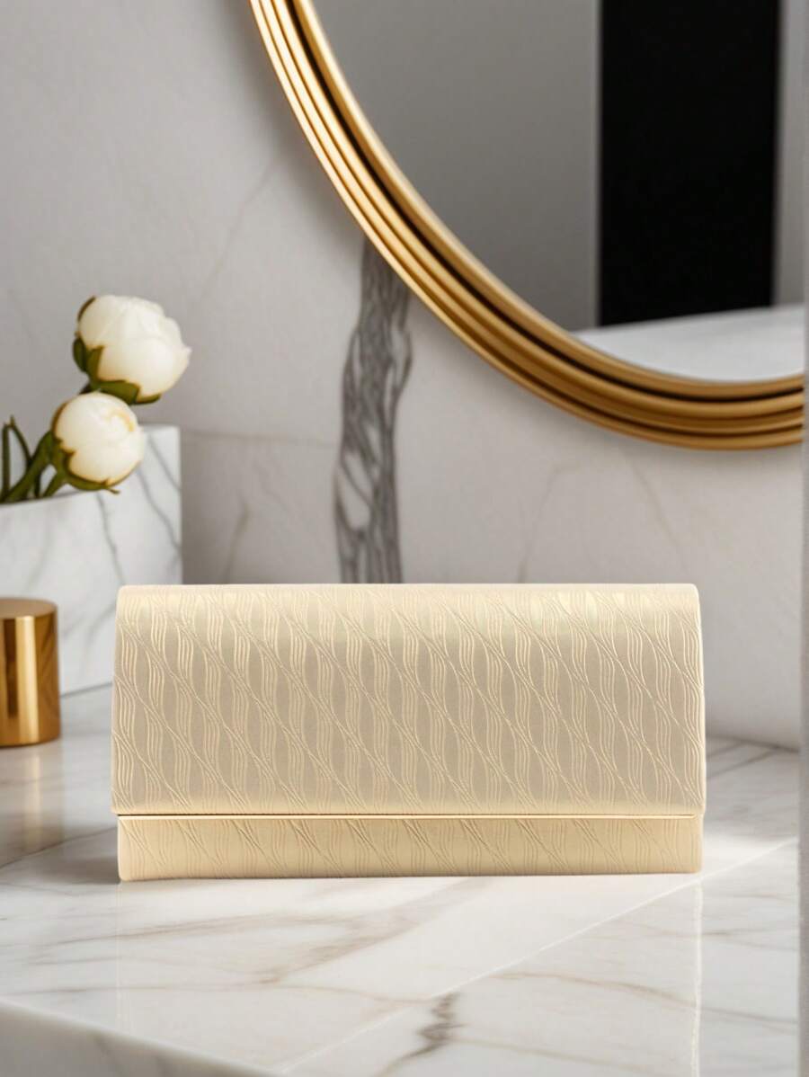 Elegant Women's Evening Handbag, Striped Polyester Tote Bag With Glitter Decor, Lightweight Crossbody Bag With Detachable Shoulder Strap, Magnetic Closure, Polyester Lining, Painted Edge Details, Suitable For Business, Formal Events, Parties - Gold/Silver Grey