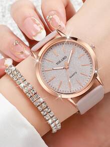 6pcs/Set Women Leather Belt & Quartz Wrist Watch With Etched Dial, Minimalist & Fashionable