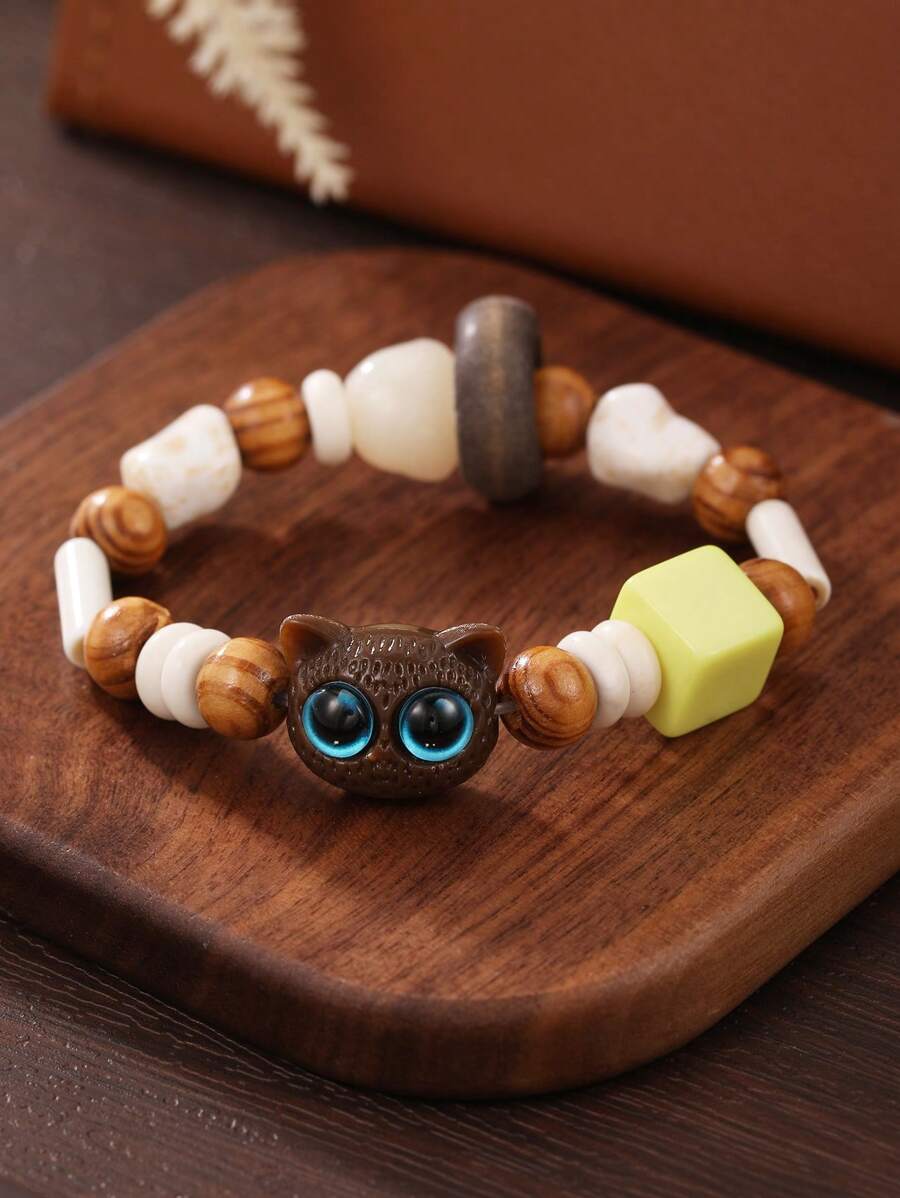 1 件木质串珠猫头鹰设计手链，精致彩色珠宝，适合女性日常佩戴 - 招財貓 - 查看 1
