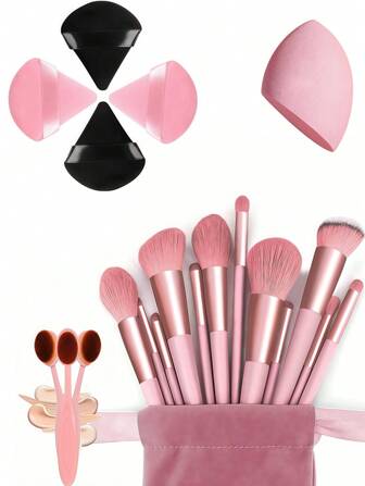 19 Pieces Of Makeup Brush Set (With Drawcord Storage Bag), Including 4 Pieces Of Makeup Powder Puff, Makeup Sponge, Rouge Brush, Foundation Make-Up Brush, Eye Shadow Brush, Contour Brush, Eye Makeup Brush, Soft Hair Makeup Brush, Rouge Brush, Professional Makeup Brush Set, Women's Makeup Brush Set