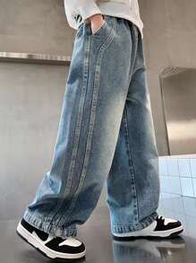 Jeans coupe droite pour garçons adolescents, pantalon en jean décontracté bleu pour garçons adolescents au printemps et en automne