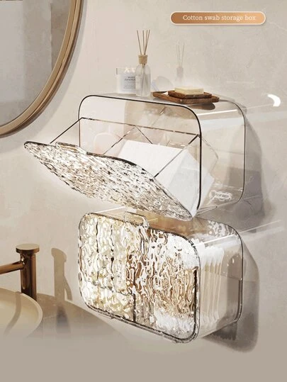 1 Pc Wall-Mounted Transparent Cleaning Pad Storage Box, Dust-Proof Segmented Makeup Organizer Box For Bathroom, Holds Cleaning Swabs, Hair Ties, Lipstick Back To School
