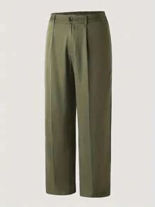 大码高腰纯色拉链口袋直筒宽松休闲西装裤 春季 - 軍綠色 - 查看 4
