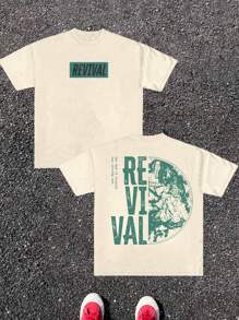 (220g Pure Cotton T-Shirt)  Men's Summer Round Neck Short Sleeved Casual Pure Cotton Print REVIVAL - 杏色 - 查看 1