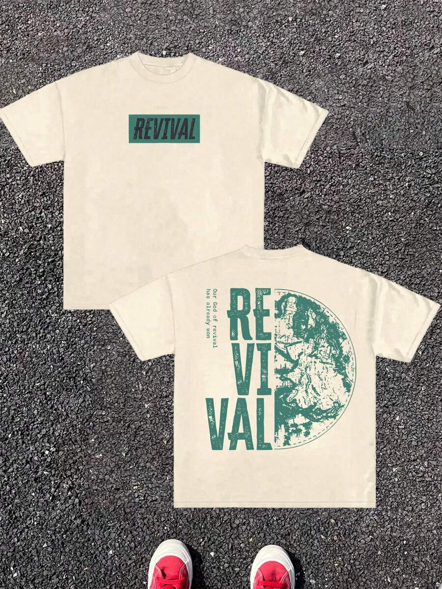 (220g Pure Cotton T-Shirt) Men's Summer Round Neck Short Sleeved Casual Pure Cotton Print REVIVAL - 杏色 - 查看 1