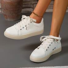 2025 Early Spring & Autumn White Sneakers, Suitable For Outdoor Trips, Travel, Casual Wear, Women's Printed Flat Thick Sole Sport Shoes, Lightweight White Athletic Shoes Suitable For Students, Breathable And Comfortable, Suitable For Daily Wear, Fashionable And Versatile, Suitable For School And Leisure Activities