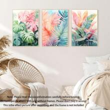 3 pièces/set, Peinture décorative encadrée suspendue sur canevas, affiche, art mural, ensemble d'art sur canevas aquarelle de feuilles tropicales, impressions vibrantes de Monstera et de palmiers, décoration murale de style bohème pour salon, chambre à coucher, bureau à domicile - Style moderne/classique, utilisation intérieure/extérieure, décoration de pièce