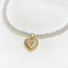 Mặt dây chuyền trang trí hình trái tim và ngọc trai giả Cubic Zirconia 26 chữ sang trọng, thích hợp cho tiệc tùng và đeo hàng ngày - Vàng - Xem 10