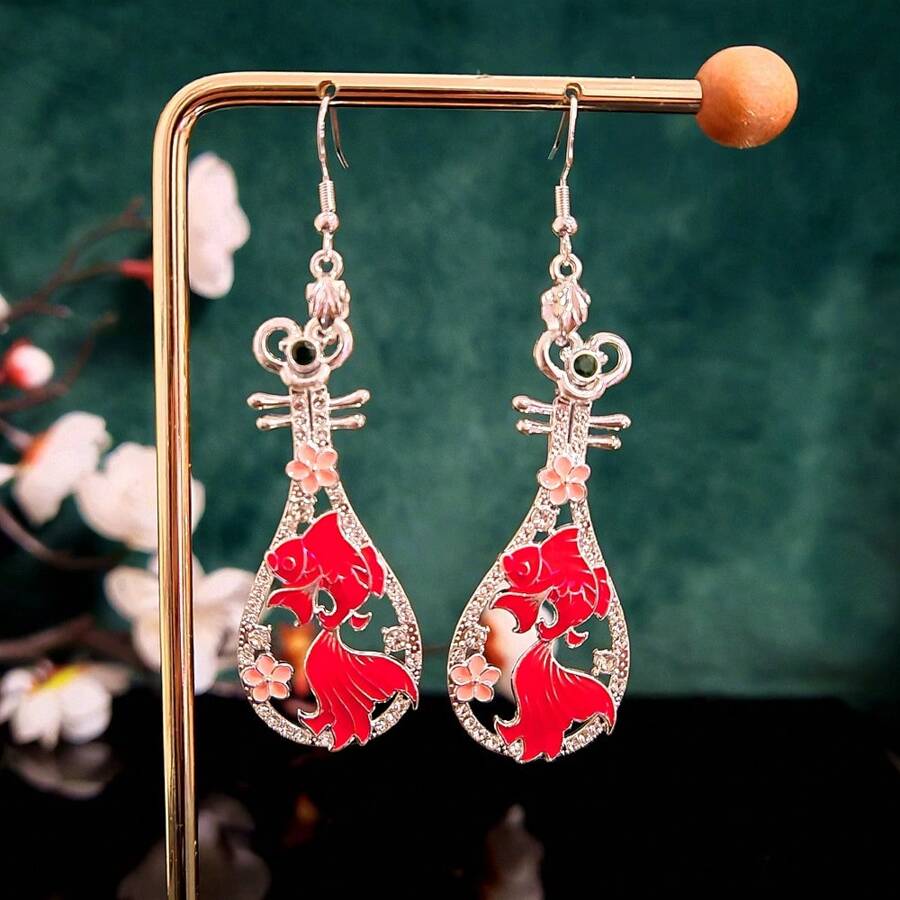 复古新中式风格吊坠耳环，长款垂坠设计，适合夏季派对假期日常佩戴 - 弦韻鯉影 - 查看 1
