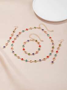 1 Set Of European And American Creative Fashion Candy-Colored Heart Necklace 1 Bracelet 1 Earrings 2 Ladies Versatile Accessories Gifts(Zirconia Color Random,Handmade Chain Cut To Size, Variable Number Of Pearls, Variable Size Of Rhinestones) - Colorful - View 2