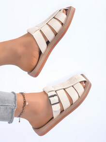 Women's Woven Crisscross Decorated Straw Bottom Sandals, Vacation Style Summer Beige Leather Flat Sandals