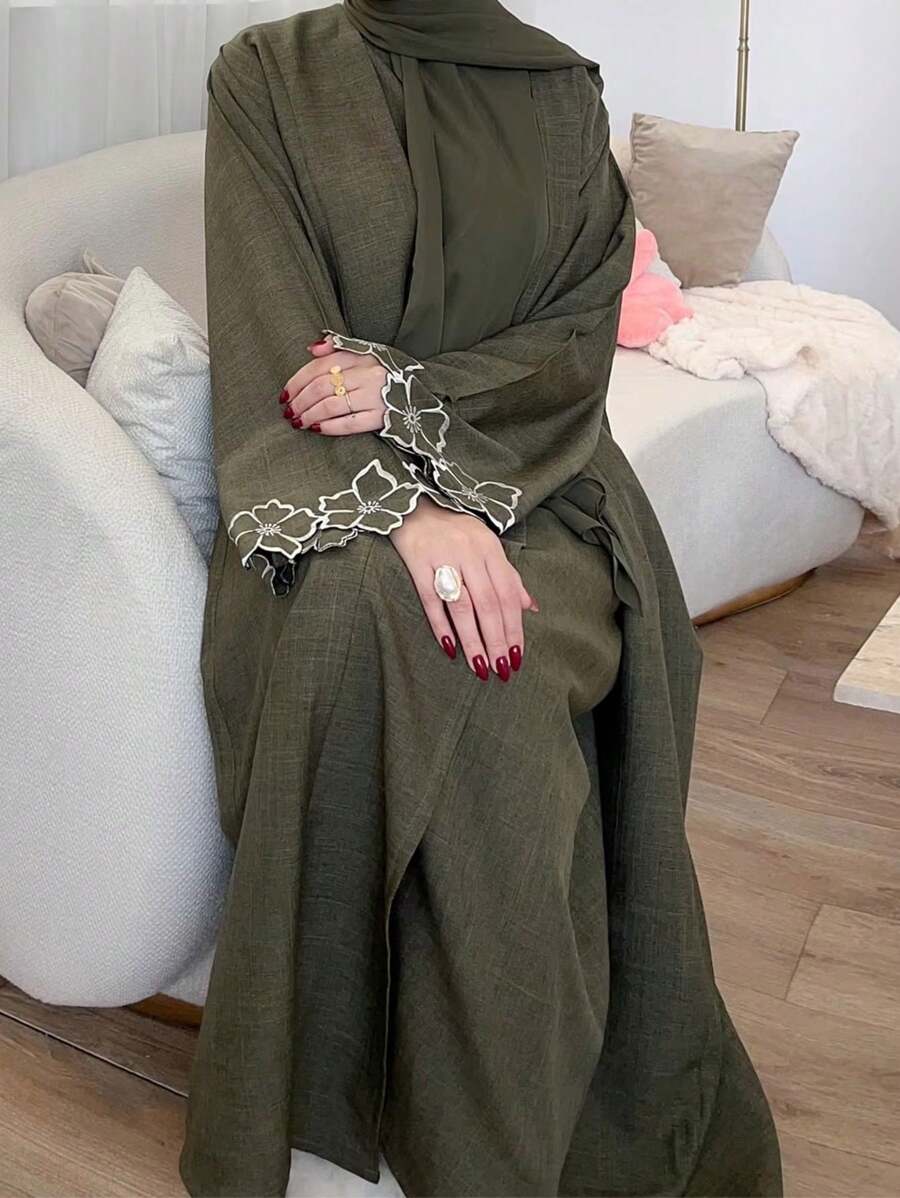 一件式女式宽松优雅刺绣袖口开袖长袍，适合日常生活和聚会春季时尚伊斯兰服装卡夫坦长袍，端庄 - 綠色 - 查看 1