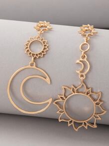 2pcs Women Geometric Hollow Asymmetrical Stud Earrings With Star & Moon Design - Star and Moon Earrings - View 12