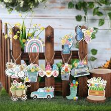 24pcs Wooden Easter Decorations, Vintage Spring Easter Decor Rabbit, Carrot, Chick, Butterfly, Flower, Truck Shape Ornaments With Hanging Ropes For Party Gifts Birthday Graduation