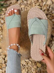 Women Fashionable Beach Flip Flops, Large Size Toe Ring Sandals For Outdoor Vacation