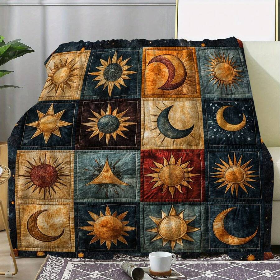 Comfortable Flannel Blanket With Sun, Star And Moon Patterns - Soft, Warm, Versatile For Sofa, Bed, Car, Office, Camping - An All-Season Gift - Multicolor - View 1