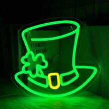 Threan 圣帕特里克节霓虹灯帽子三叶草灯装饰 LED 绿色幸运帽霓虹灯三叶草灯 USB 壁吧客厅窗户装饰春季派对家居卧室艺术礼物