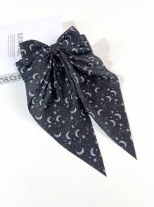3pcs Women Star & Moon Print Simple Creative Personalized Hair Clips With Ribbons, Big Bowknot Barrette For Back Of Head, Suitable For