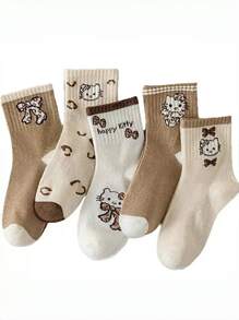 Sanrio 5 Pairs Sanrio Cute Kitty & Bow Design Mid-Calf Socks, All Season Wear