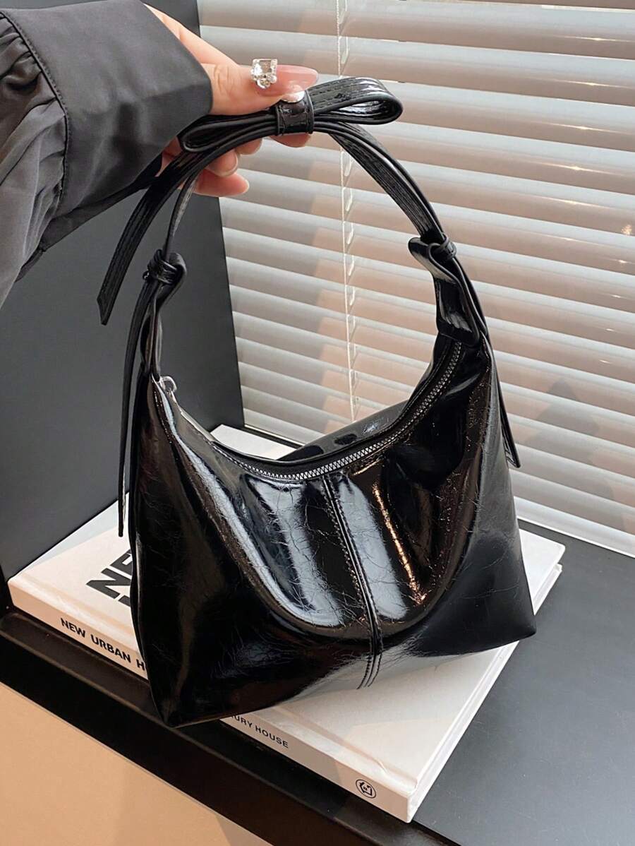 Women's New Stylish High-Quality Minimalist Solid Color Shoulder/Crossbody Dumpling Shaped Purse - Black - View 1