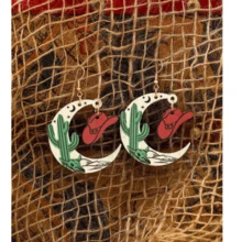 1 对复古牛仔布星星和月亮复古印花木质吊坠耳环，复古印花图案耳环，适合女士