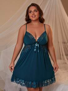 Plus Size Lingerie Spaghetti Strap Sexy V-Neck Bow Soft & Comfy Contrast Lace Nightgown