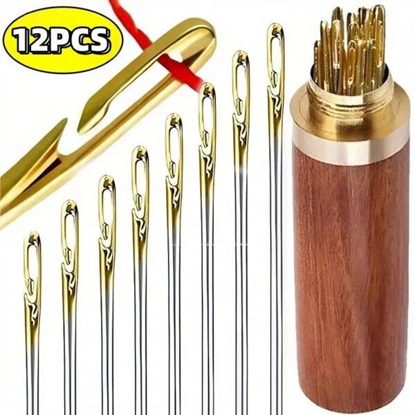 12 Pieces/30 Pieces Stainless Steel Easy-Sewn Edge Stitching Needles For Seniors, Suitable For Hand Sewing, DIY Home Craftsmanship - White, Sewing Pins, Self-Threading Needle Set, Various Sizes, Wooden Storage Tubes, Easy To Insert, Stitch, Hand Sewing, Sheets, Clothes