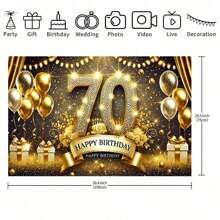 優雅的70歲生日派對橫幅－金色與黑色氣球、數字「70」設計，多功能派對背景布，適合室內外裝飾、攝影工作室、花園佈置、派對裝飾與自拍區 - 彩色 - 查看 5