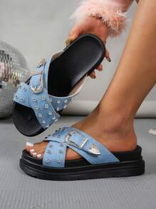 Sandales décontractées à rivets mode été pour femmes, sandales en cuir style punk déchiré cool avec boucle, tongs à semelle épaisse bleue, sandales de plage pour dames, sandales à talons hauts pour vacances femmes, indispensables de voyage - Bleu azur - Voir 5