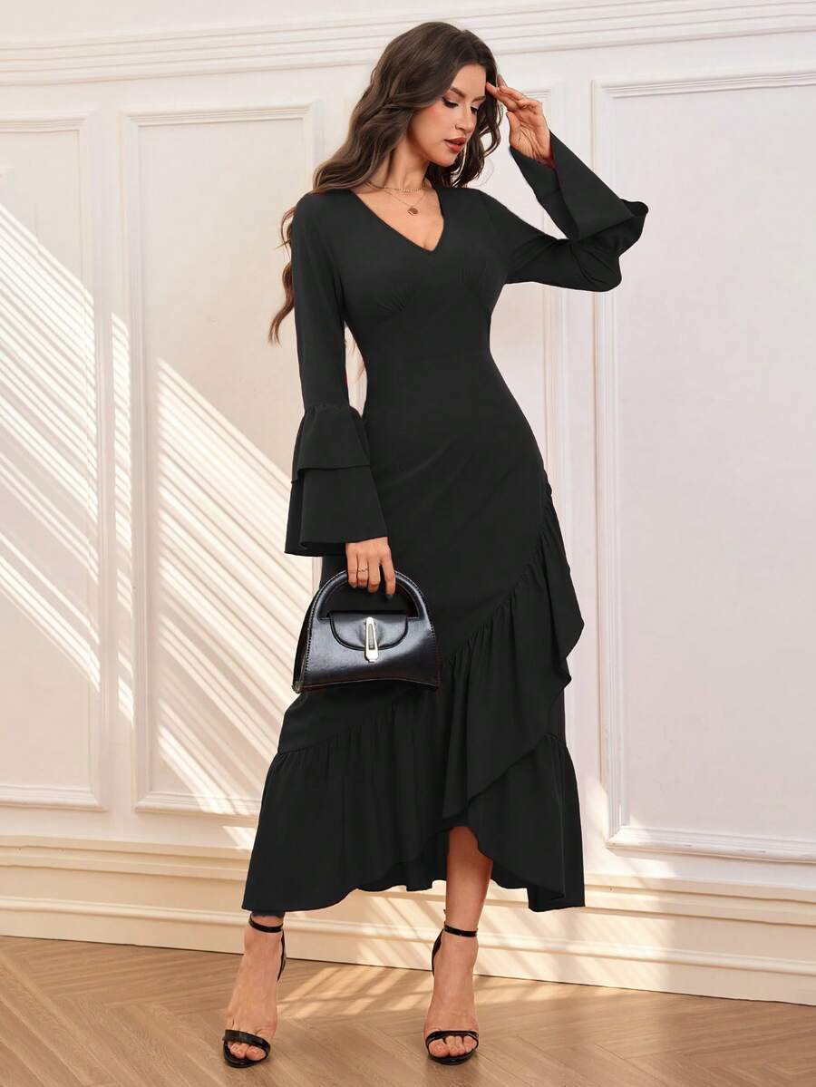 Vestido feminino com decote em V e babados na bainha com mangas compridas, vestido elegante de cintura alta, nova chegada primavera/verão - Preto - Ver 1