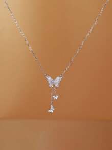 1pc Fashionable Elegant Butterfly Zirconia Pendant Necklace - Silver - View 1