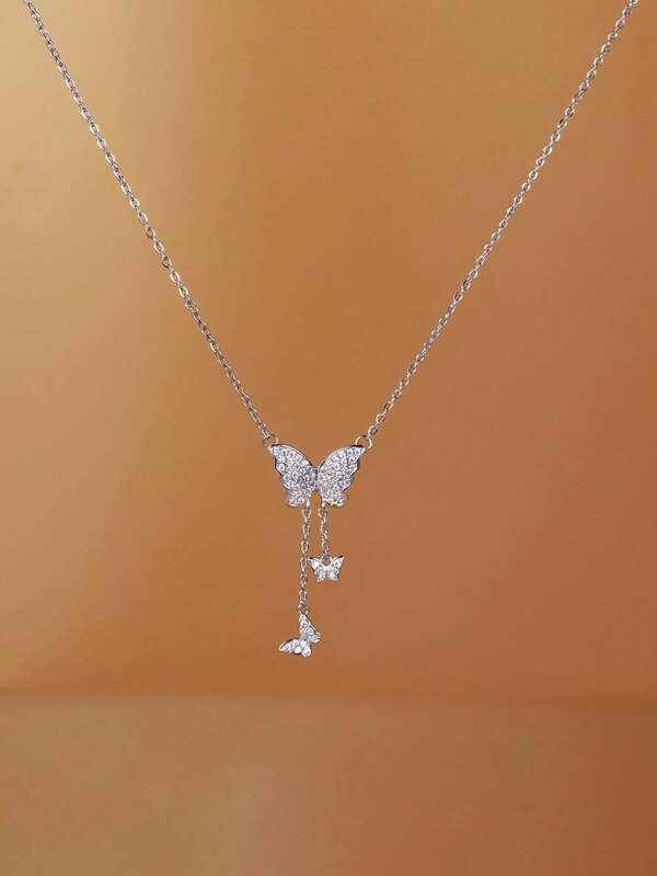 1pc Fashionable Elegant Butterfly Zirconia Pendant Necklace