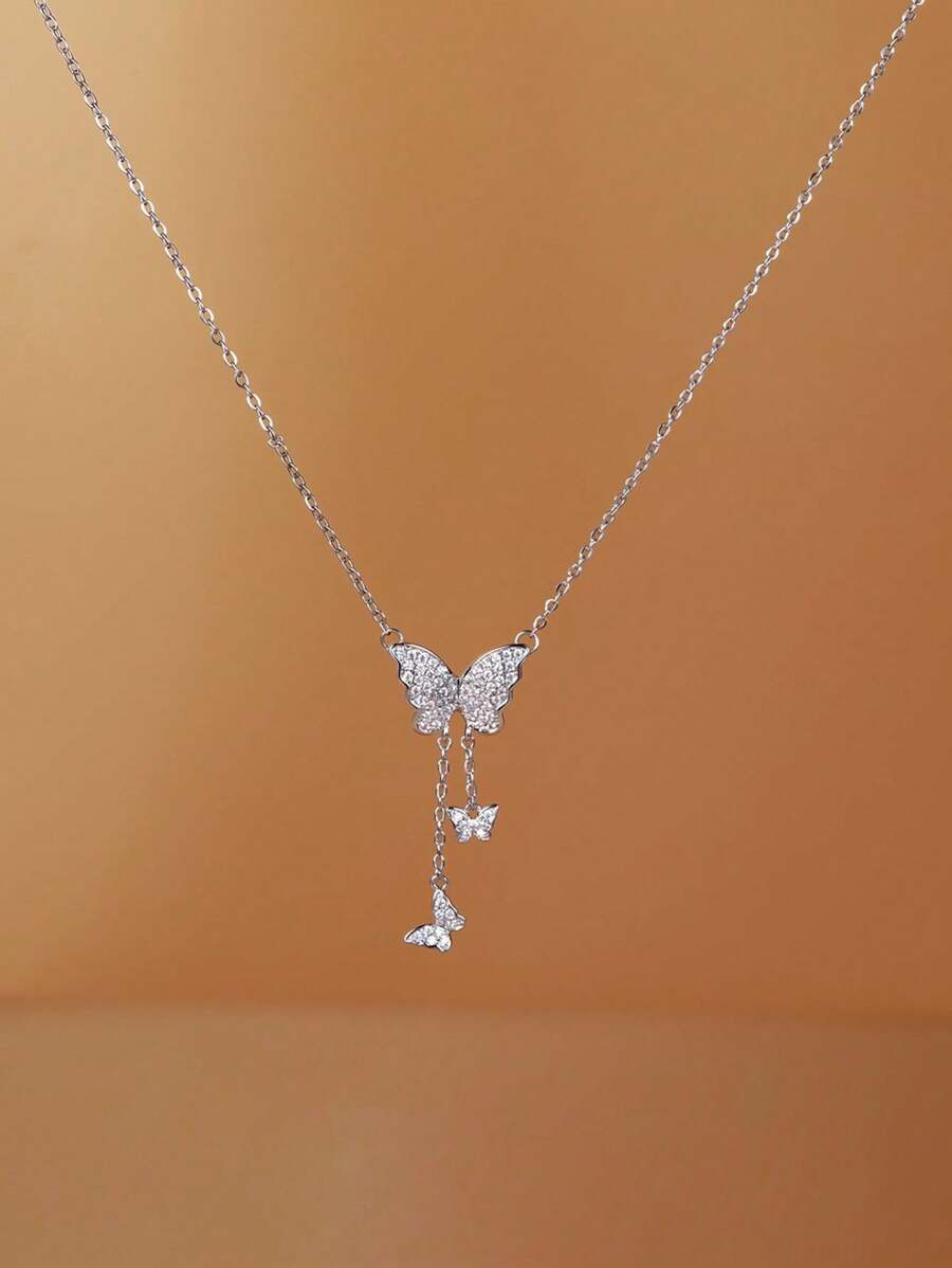 1pc Fashionable Elegant Butterfly Zirconia Pendant Necklace - Silver - View 1