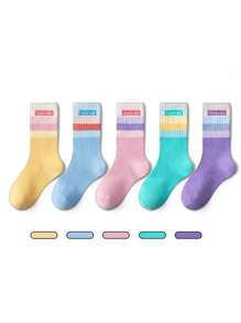 5 pares de calcetines de media pantorrilla de unicolor para niñas, estilo lindo de princesa, aptos para estudiantes, deportes, todas las estaciones